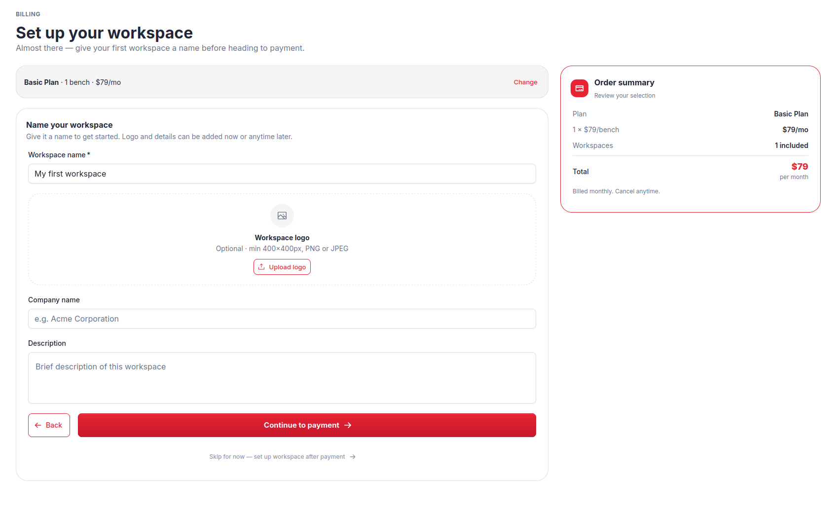 Billing โ workspace setup