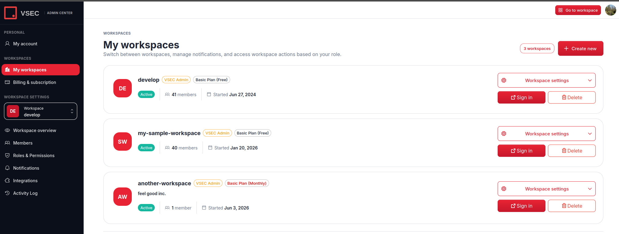 My Workspaces — workspace card list